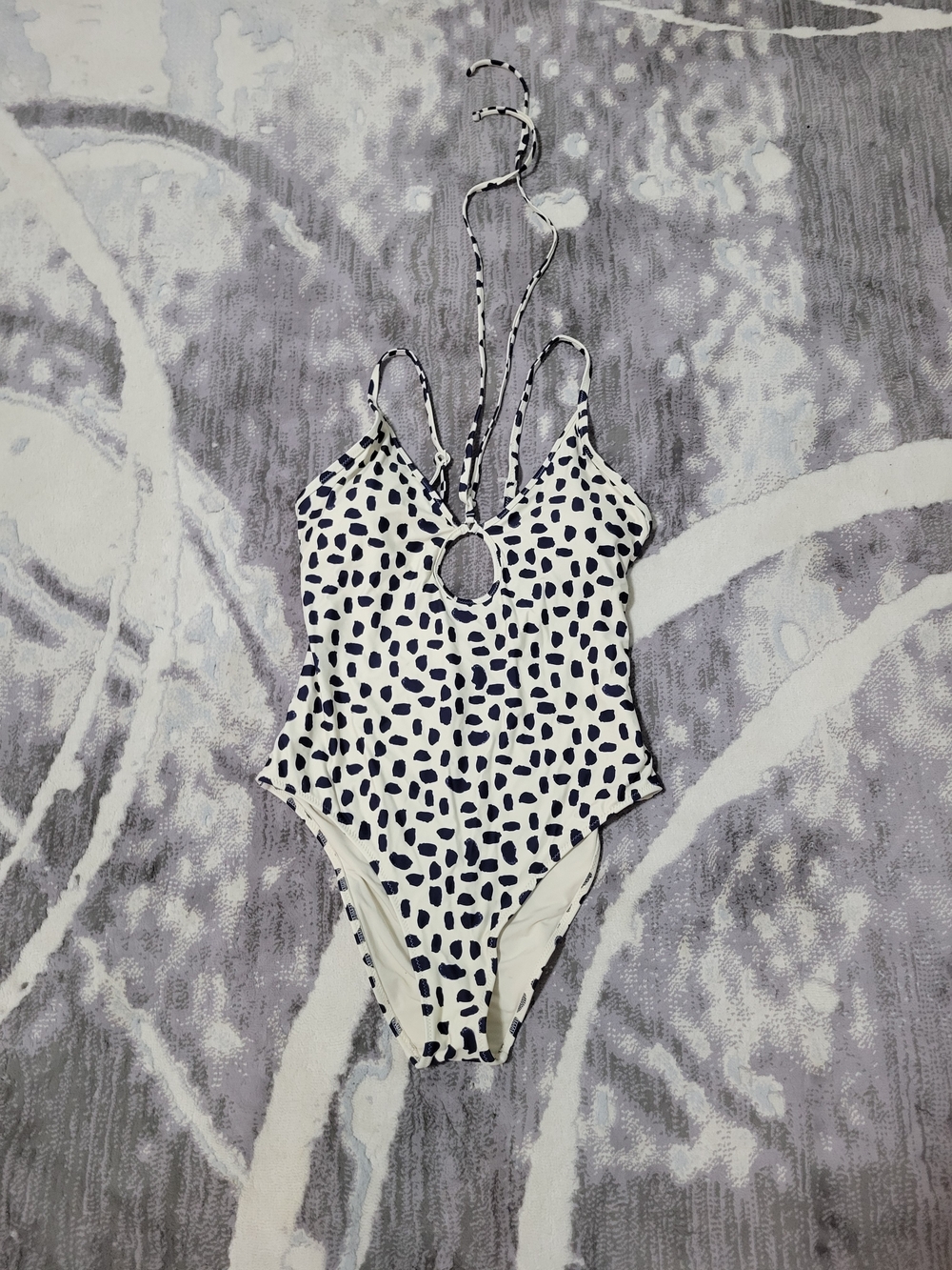 aerie White One-Piece Swimsuit with Navy Spot Print and Keyhole Size M